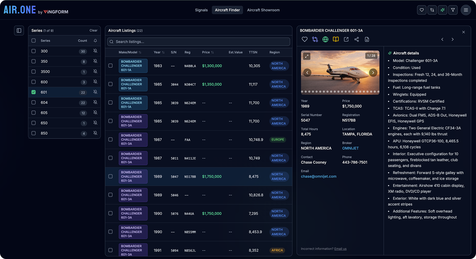 AIR.ONE aircraft finder with listings and aircraft details
